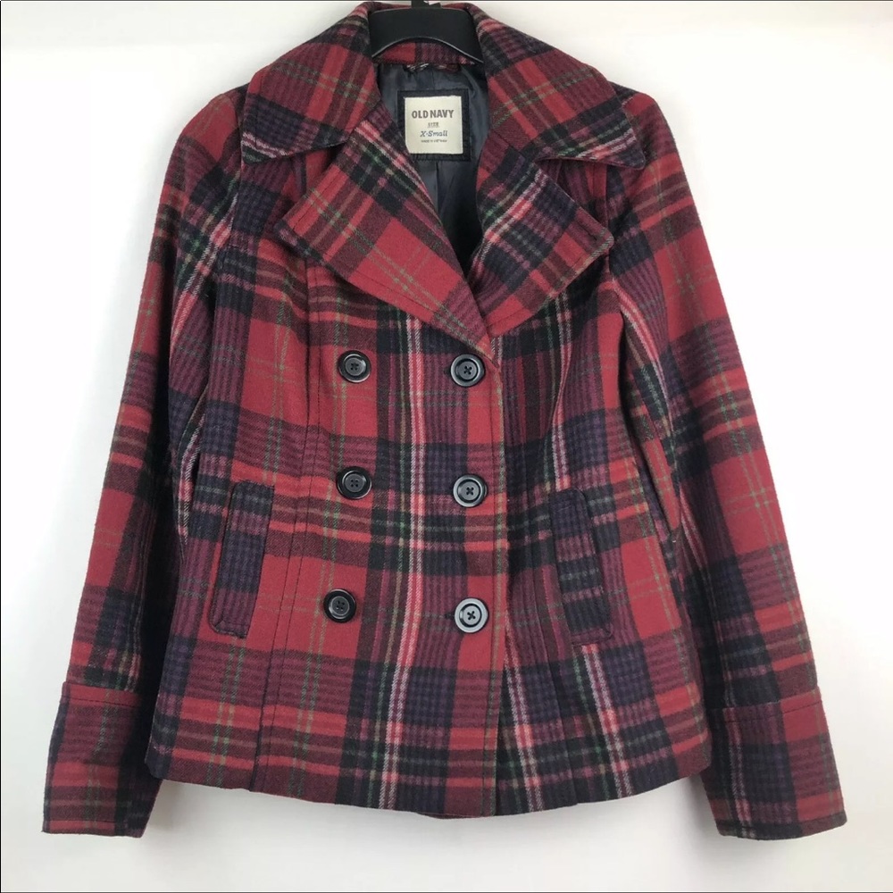 Old Navy Pea Coat Jacket Plaid Red Buffalo Check